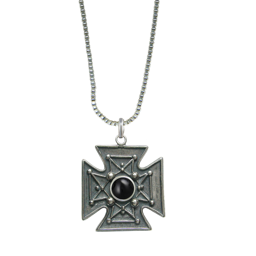 Sterling Silver Iron Cross Pendant Necklace With Black Onyx
